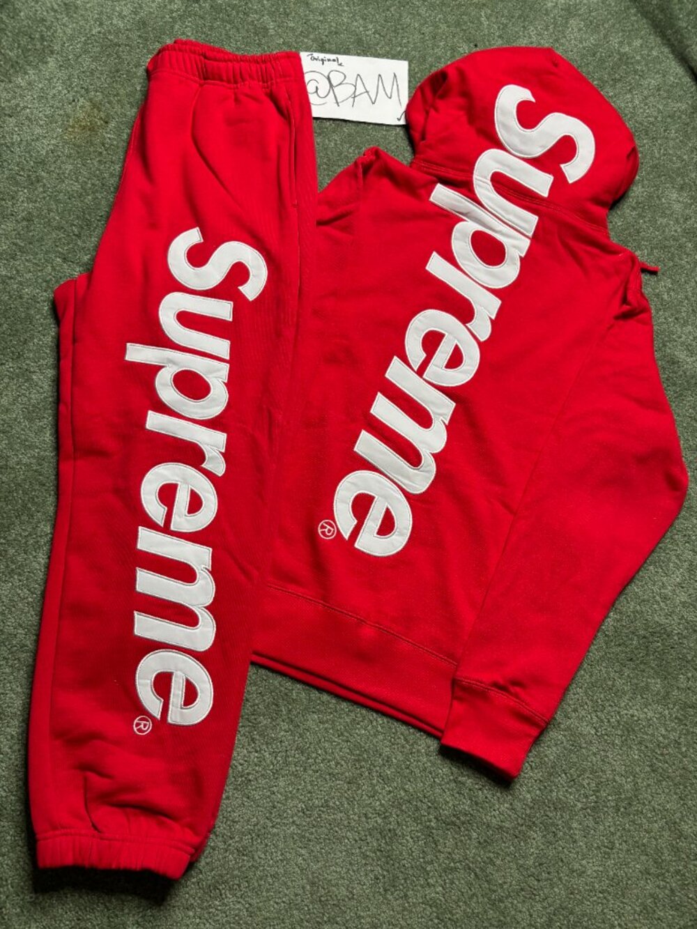 Supreme Applique Hoodie And Joggers Set - Red/White Satin